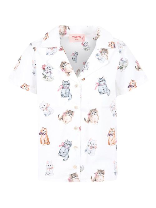 Kitten-print polo-collar shirt - White