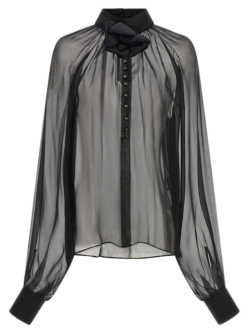 Silk Chiffon with 3D Floral Collar Blouse — Black