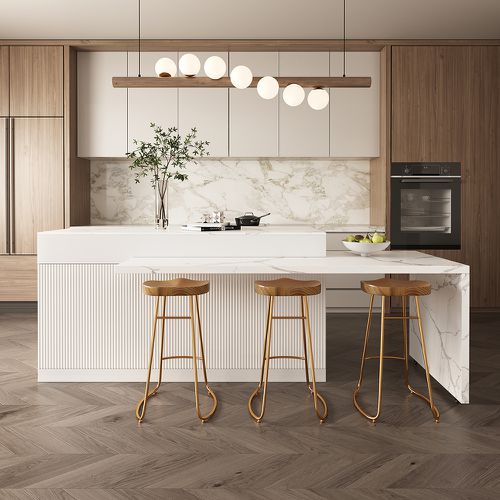 205 - 270 cm Extendable Kitchen lsland Marble Pattern Top with Drawers White Modern