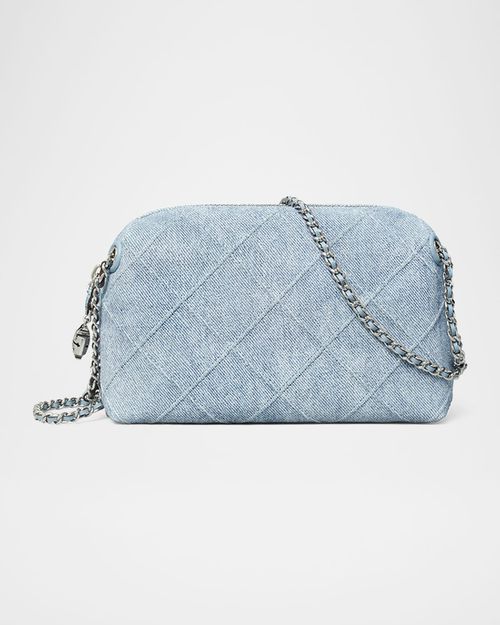 Fleming Denim-Print Suede Crossbody Bag