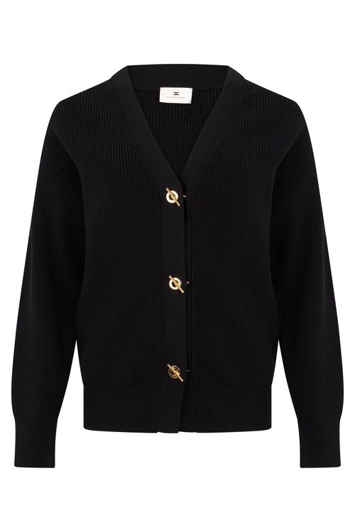 Sculpted Shawl-Collar Cardigan Knit with Five Metallic Hook Closures