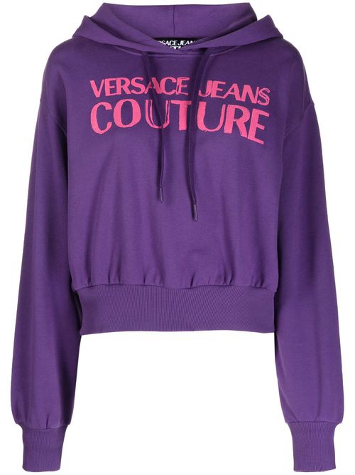 Logo-print cropped cotton hoodie - Purple