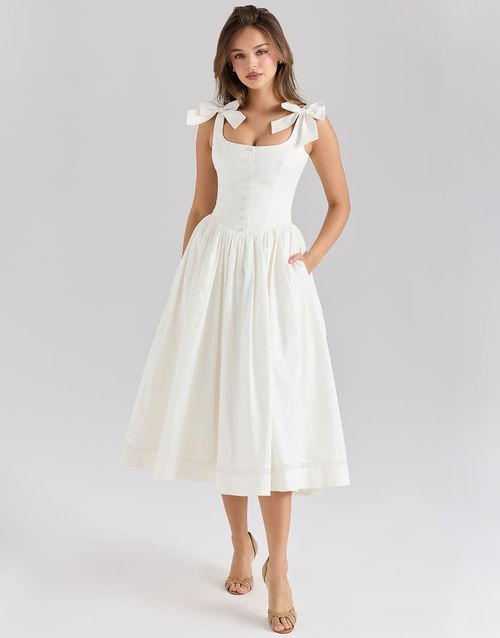 Lillia stretch cotton bow midi dress in white