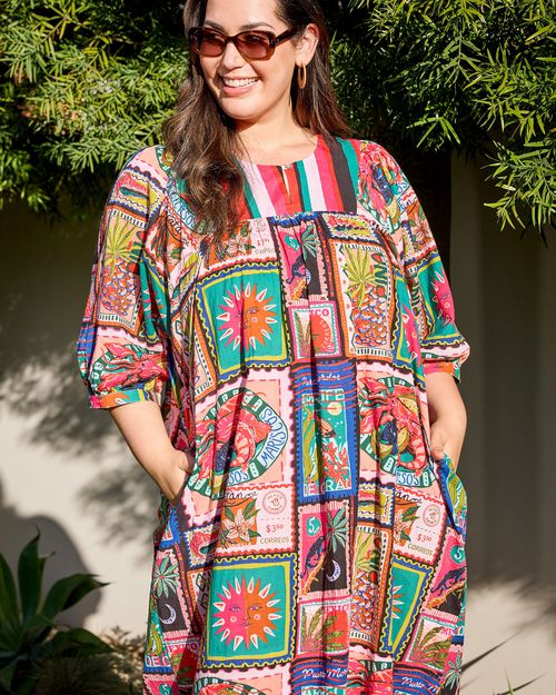Organic Cotton Half Sleeve Midi Dress in Colorful Coast | Women's XS | Pink