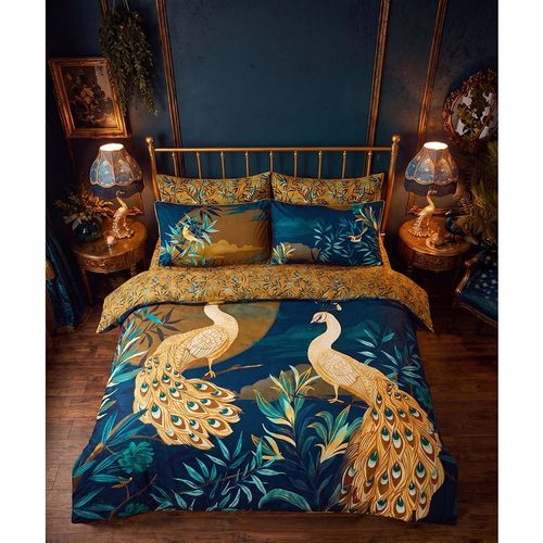 Gilded Peacocks Cotton Sateen Reversible Duvet Set - Double - Blue - by Joe Brown