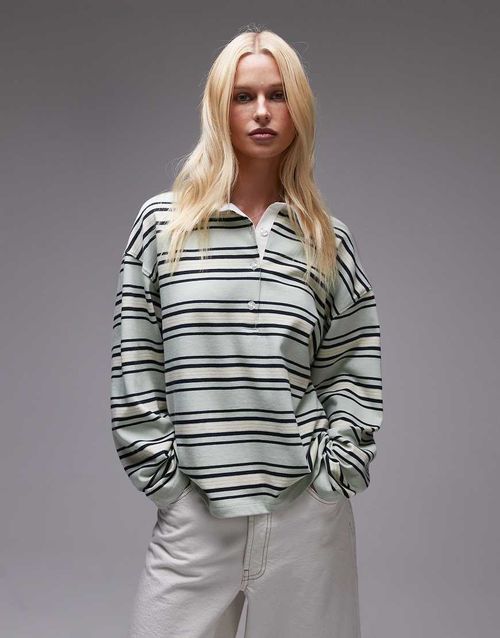 Topshop jersey stripe rugby long sleeve polo in pistachio-Green