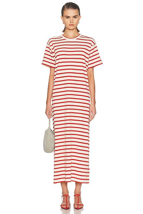 Jil Sander Short Sleeve Maxi Dress in Red - Cream. L also in M