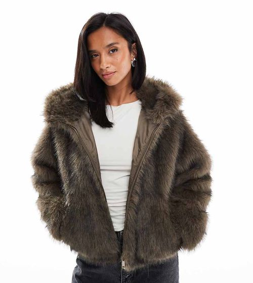 ASOS DESIGN Petite hooded faux fur bomber coat in brown tip