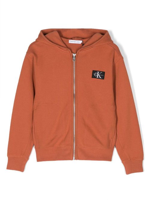 Logo-patch hooded cotton jacket - Orange