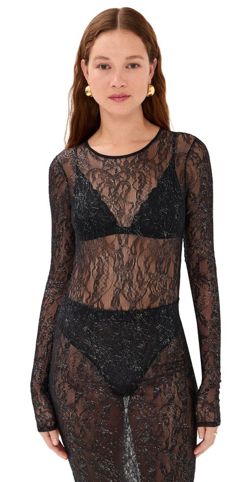 WARDROBE. NYC Lace Thong Bodysuit Black / Silver