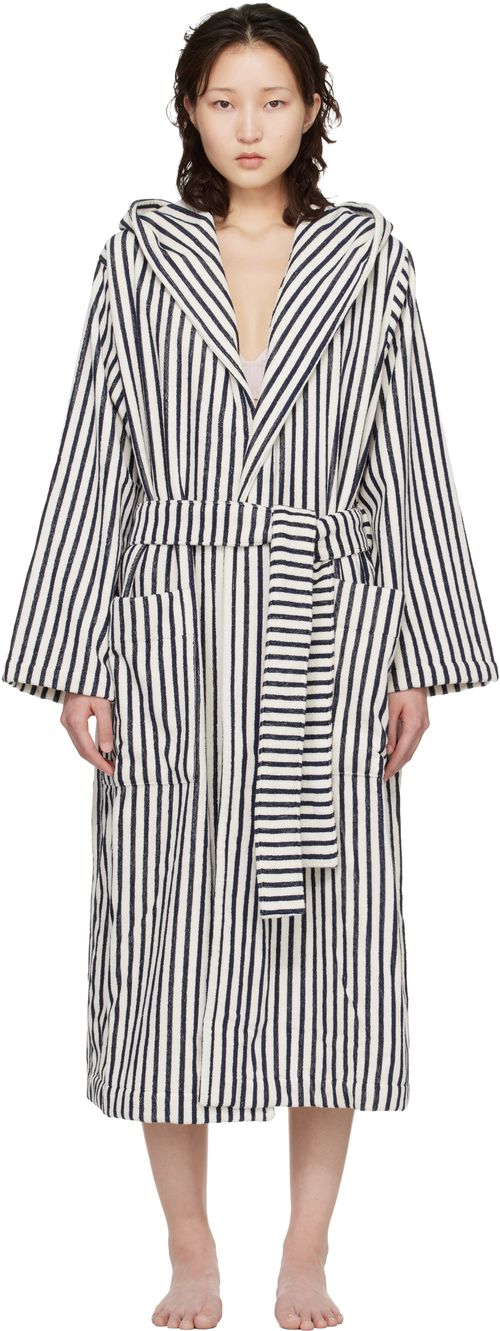 White & Navy Terry Hooded Bathrobe