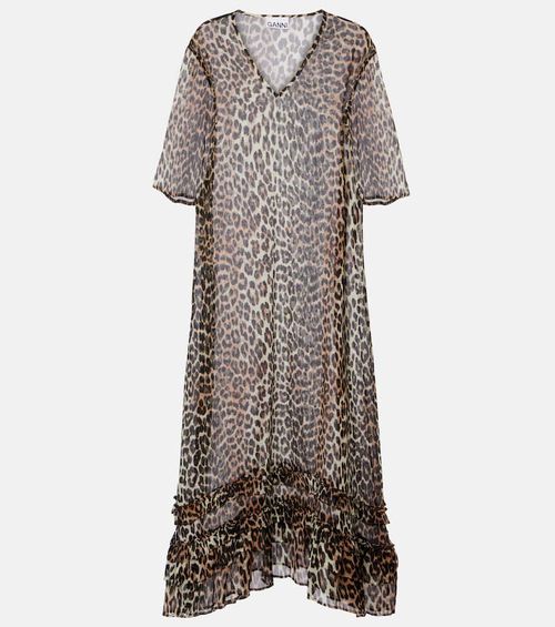 Leopard-print sheer chiffon midi dress