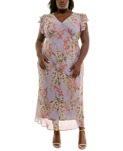 Plus Size V-Neck Flutter-Sleeve Maxi Dress - Dusty Lilac Salmon