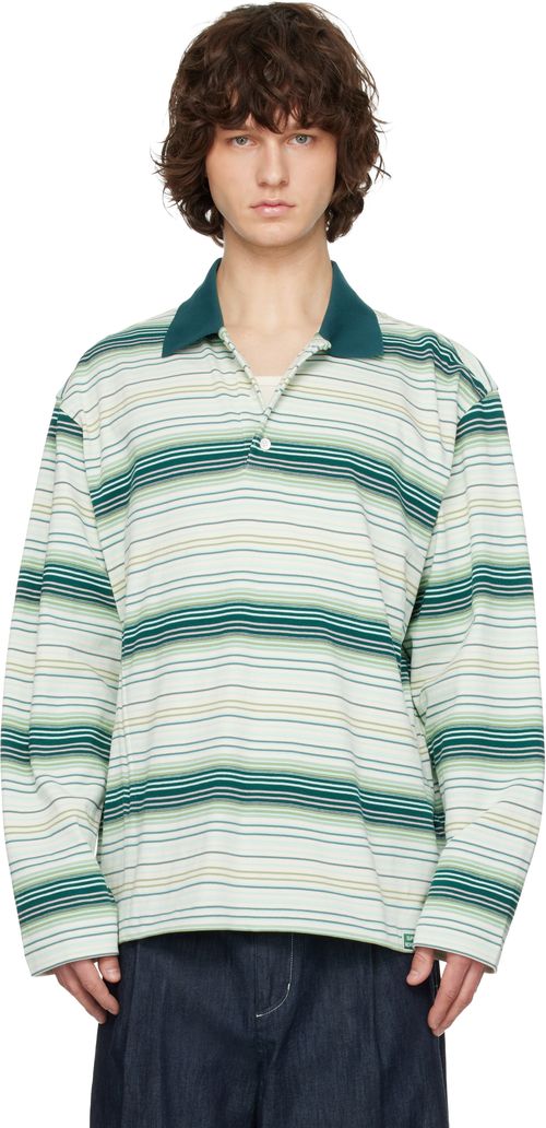 Green Striped Drawstring Collar Neck Long Sleeve Polo