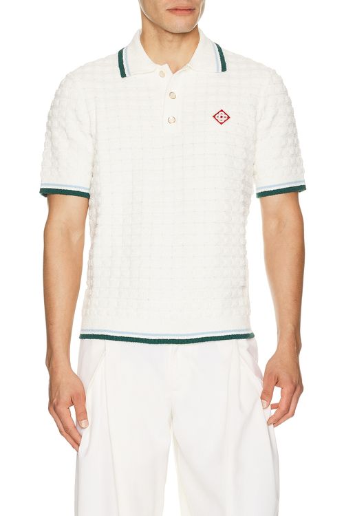 Casablanca Boucle Short Sleeve Polo in White - White. L also in XL/1X, XXL/2X
