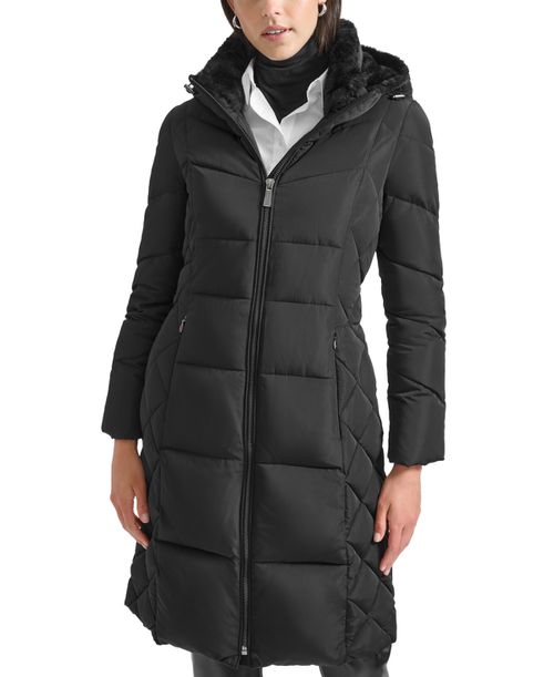 Women's Diamond Quilted Side Belted Hooded Puffer Coat - Black