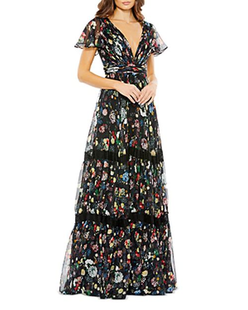 Floral Plunge Neck Gown