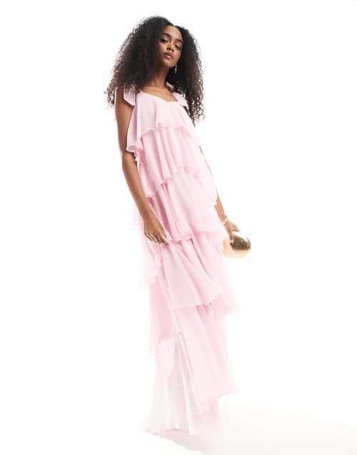 Vero Moda tiered maxi dress with tie shoulder detail in pink