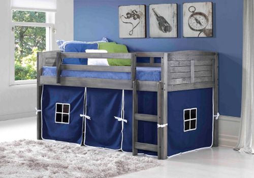Kids Louvered Twin Low Loft Bed With Tent, Antique Gray/Blue