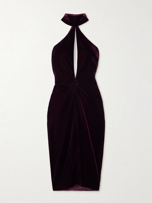Cutout Draped Velvet Halterneck Midi Dress - Burgundy