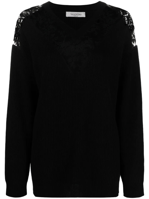 Lace-Embellished Virgin Wool-Cashmere Sweater — Black