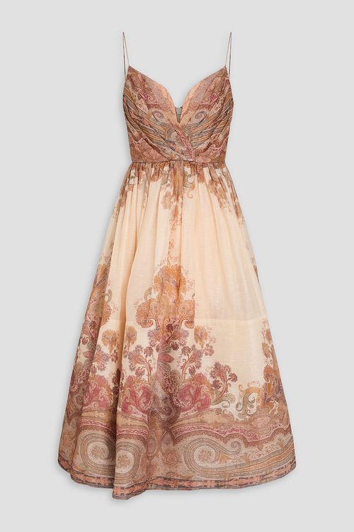 Draped paisley-print linen and silk-blend midi dress - White - 0