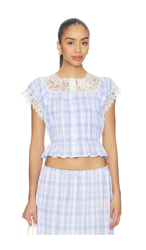 Yuhan Wang Lace Trim Button Check Top in Blue,White. L. Also in M