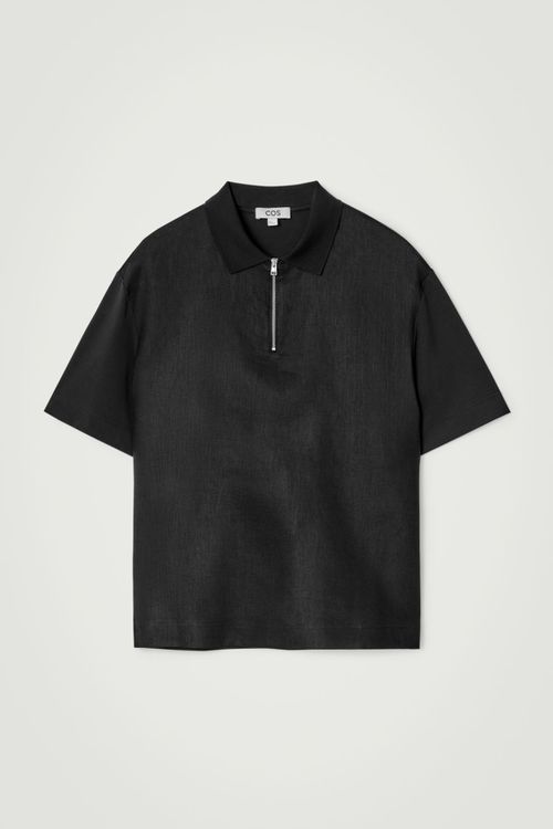 PANELLED LINEN HALF-ZIP POLO SHIRT