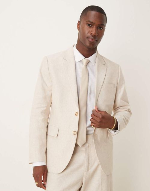 Abercrombie & Fitch classic single breasted linen suit blazer in cream - part of a set-Neutral