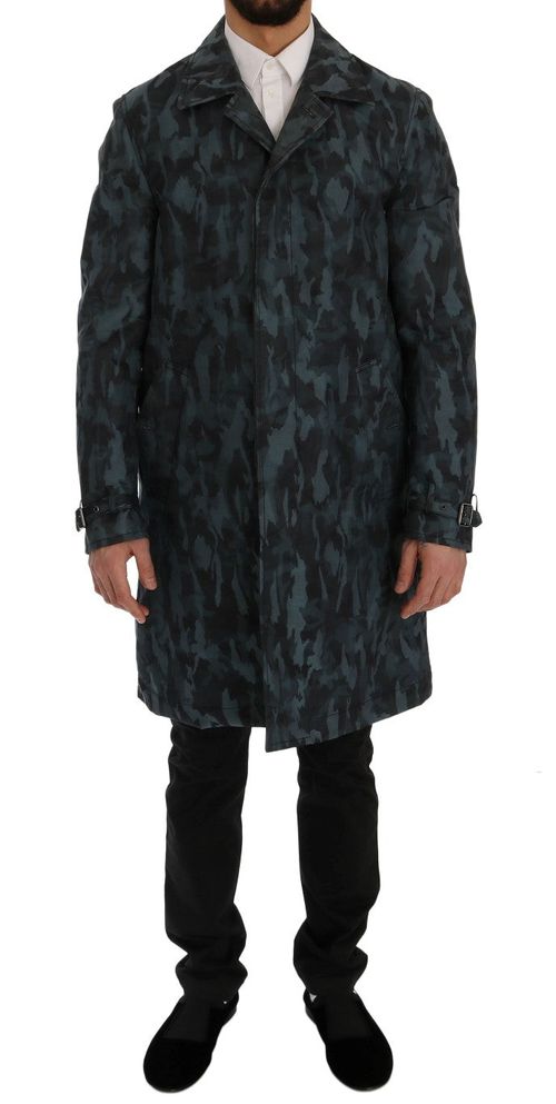 Blue Camouflage Hemp-Linen Trench Coat — Blue