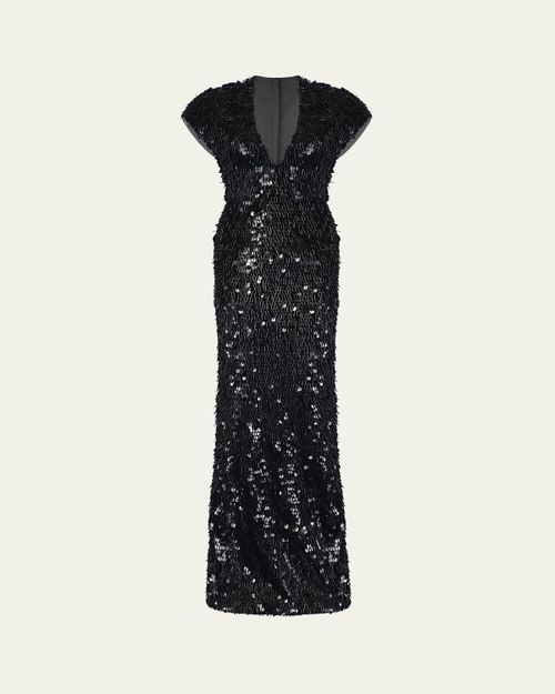 Plunging Fringed Cap-Sleeve Column Gown