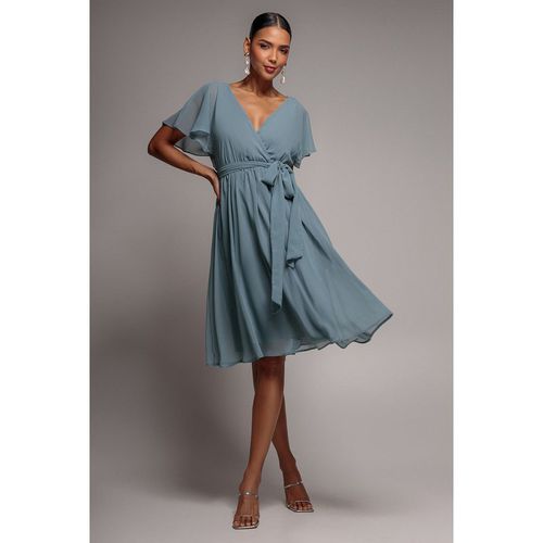 Goddiva Chiffon Flutter Sleeve Wrap Midi Dress - Airforce Blue