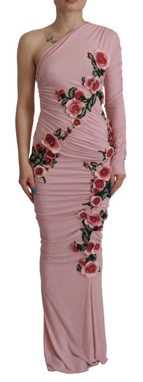 Flower Appliqué One-Shoulder Dress — Pink