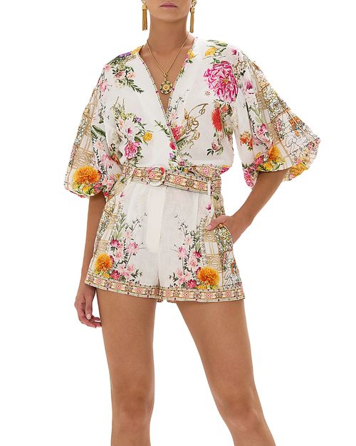 Linen Floral Print Belted Shorts in Egyptian Rose