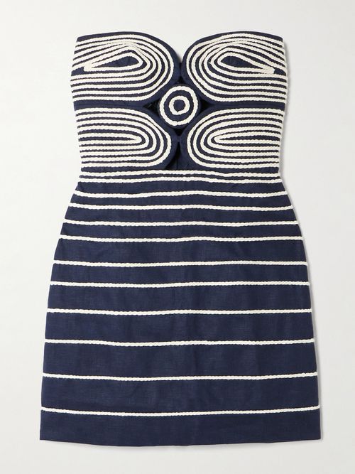 Muy Poetica Strapless Rope-trimmed Cutout Linen Mini Dress - Blue