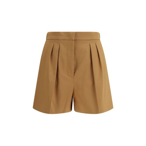 Double-Pleated Cotton Satin Bermuda Shorts — Beige