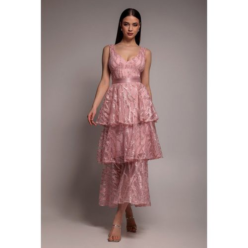 Goddiva Embroidered Mesh Tiered Midi Dress - Pink