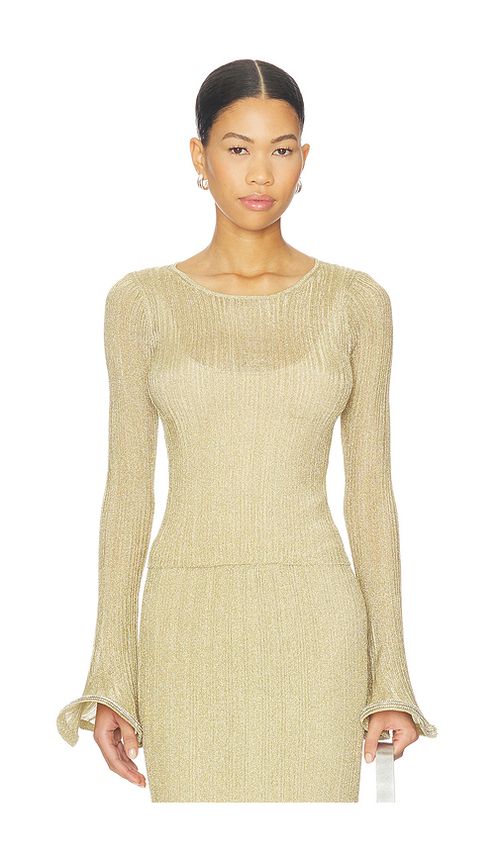 SIMKHAI Maebry Long Sleeve Crewneck Top in Metallic Gold, yellow. M. Also in