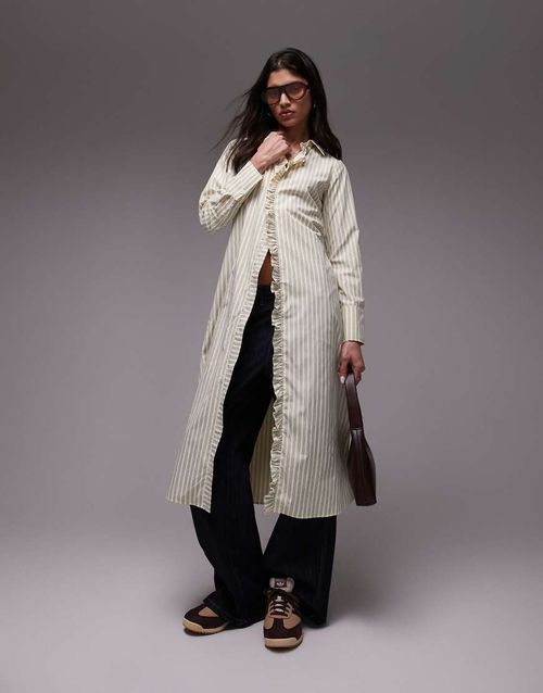 Resume fitted midaxi shirt dress with ruffle placket in multi creme stripe