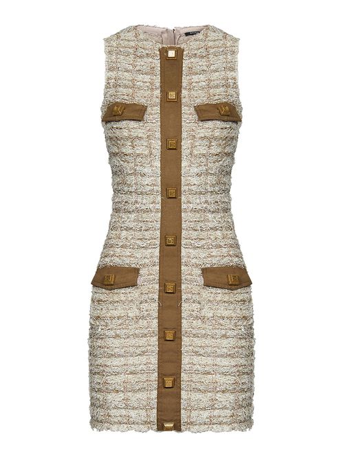 Beige tweed sleeveless crew necks