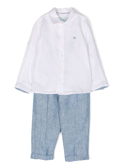 Logo-embroidered linen trousers set - Blue
