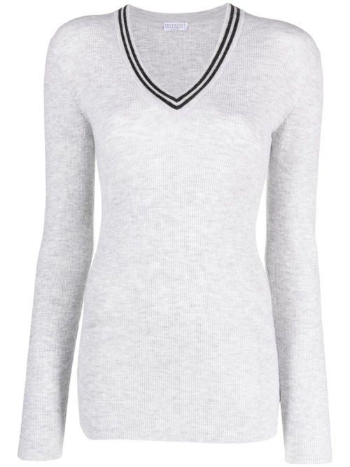 V-neck stripe-trim jumper - GREY