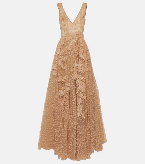 green emerald velvet dress Costarellos Lace-trimmed Embroidered Tulle Gown – Runway Catalog