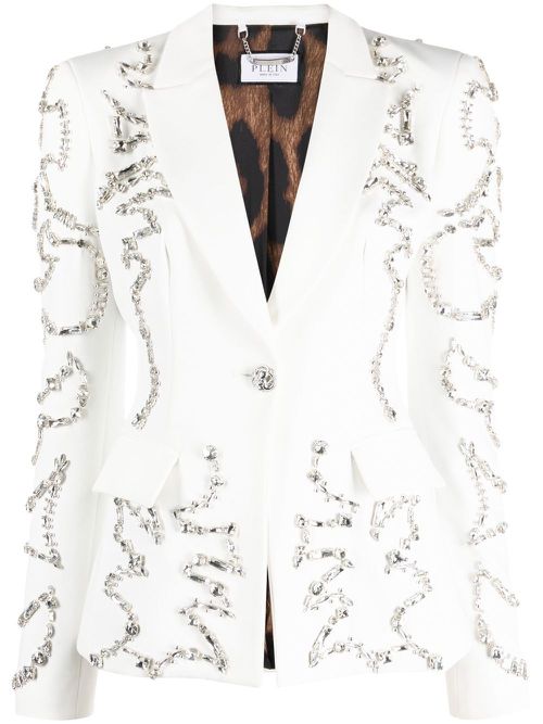 Crystal-embellished single-breasted blazer - White