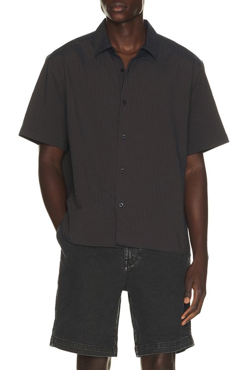 Percival Rowan Seersucker Boxy Shirt in Navy - Blue. XL/1X also in
