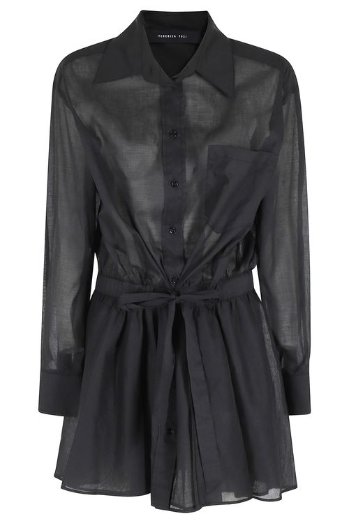 Abito Corto Allacciatura A Camicia Mussola Di Cotone Black - Women
