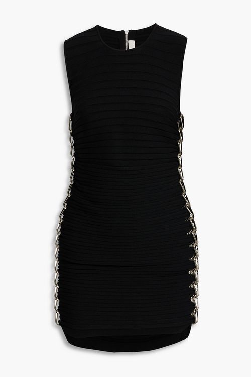 Chain-embellished ribbed-knit mini dress