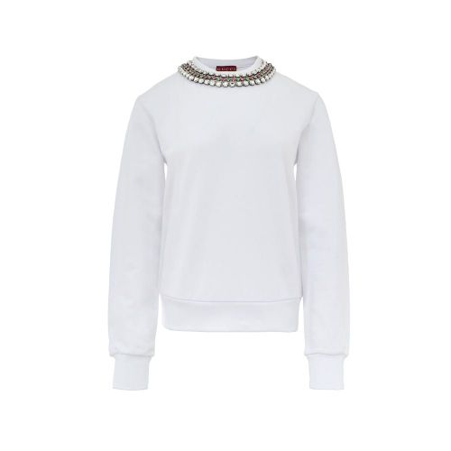 Crystal-Embellished Neckline Sweatshirt — White