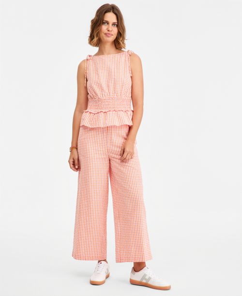 Women's Seersucker Straight Cotton Pants - Gnghm Bsct