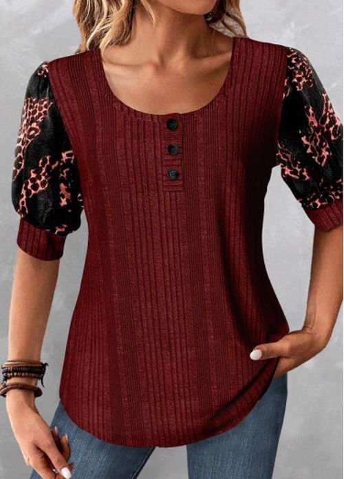 Modlily Wine Red Patchwork Leopard Half Sleeve Blouse